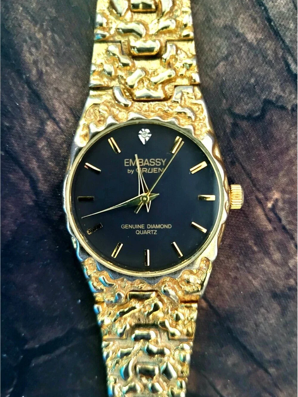 80s Vintage Retro Mens Gruen Real Diamond Gold Nugget Watch